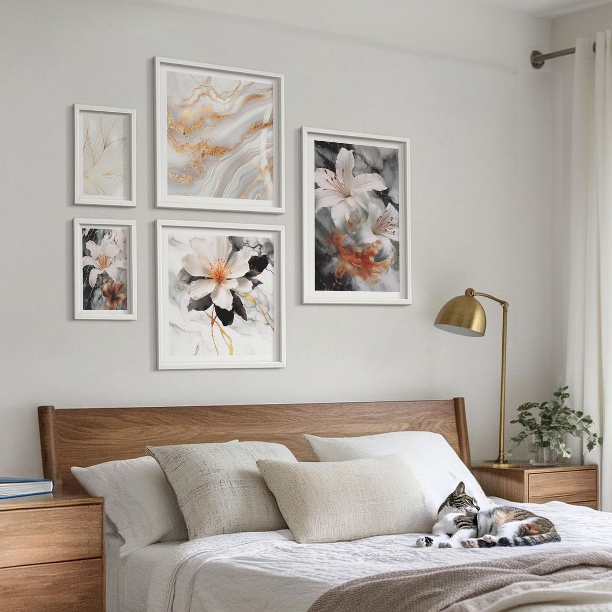 BILDER SET 5er Set - 50x50 cm & 20x30 cm & 40x60 cm Weißer Rahmen - Blumen Marmor weiß schwarz - Weiß, Kunststoff (40/60cm) - TULUP