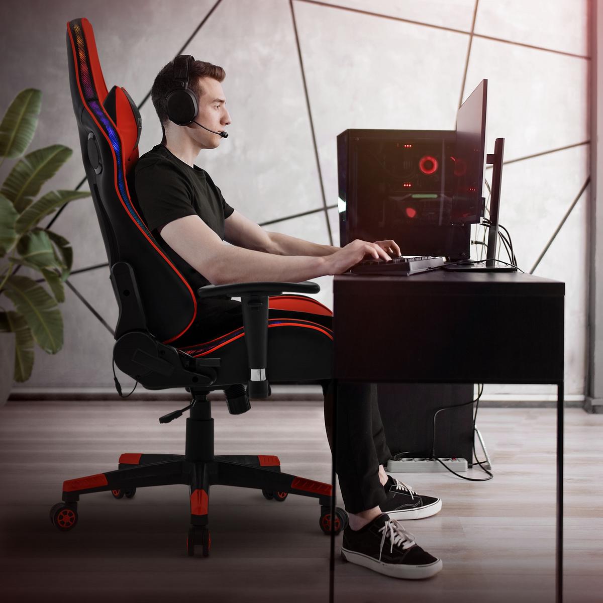 GAMINGSTUHL mit RGB Licht und Lautsprecher, Rot, aus Kunstleder - Rot/Schwarz, Kunststoff/Metall (72/133/72cm) - ML-DESIGN