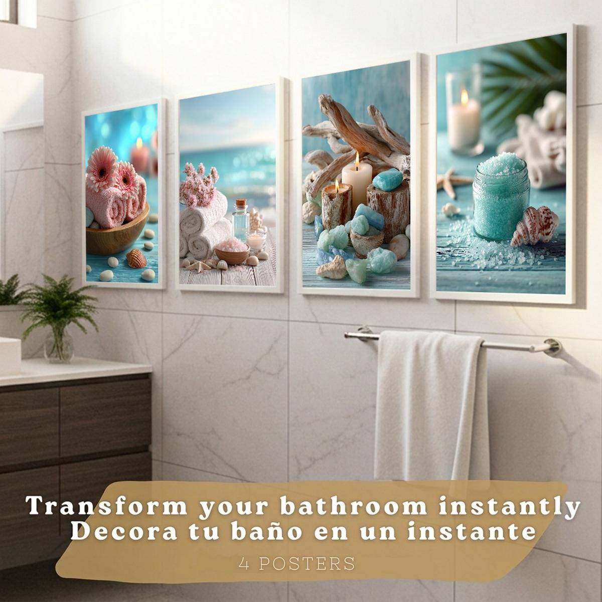 POSTER 4er-Set Badezimmer-Wandposter, Strand-Spa-Poster für Waschbecken, Dusche, WC mit Muscheln, Kerzen, Handtüchern und Meersalz Rahmenlos A4 - Klar, Papier (29.7/21/3cm) - Nacnic