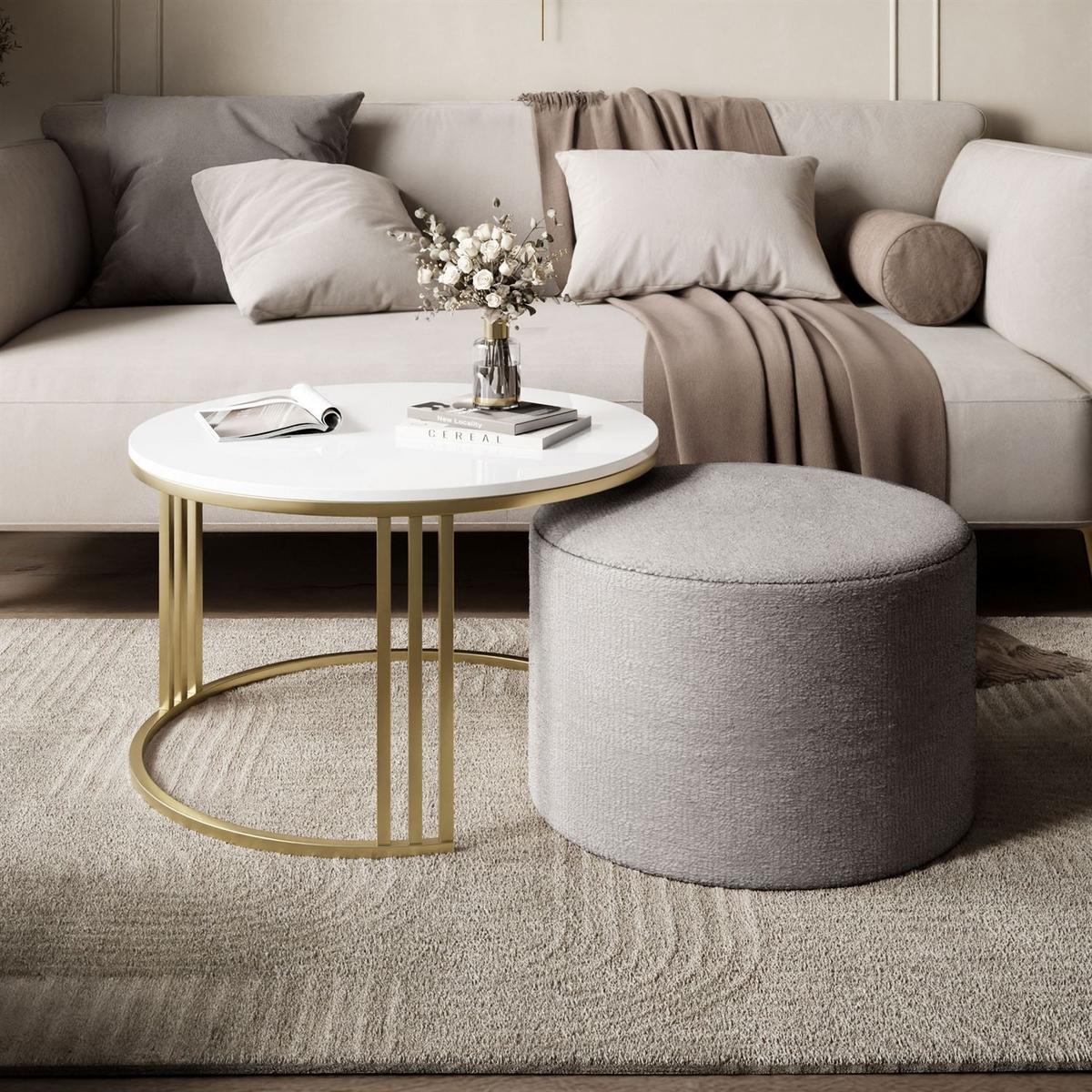 COUCHTISCH mit Hocker LORI Hochglanz gebürstetes Gold/weißer Glanz/Perfect Harmony 82 - Schwarz, Metall (70/70/49cm) - Lookway