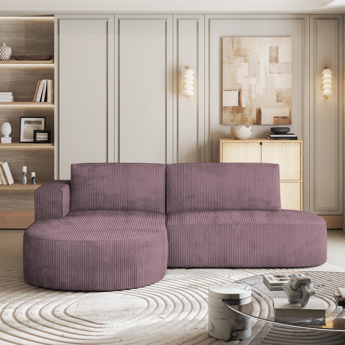 ECKSOFA CORTIO P L-S Lila Kordstoff mit Schlaffunktion - Lila, Holz (265/174cm) - MASSENO