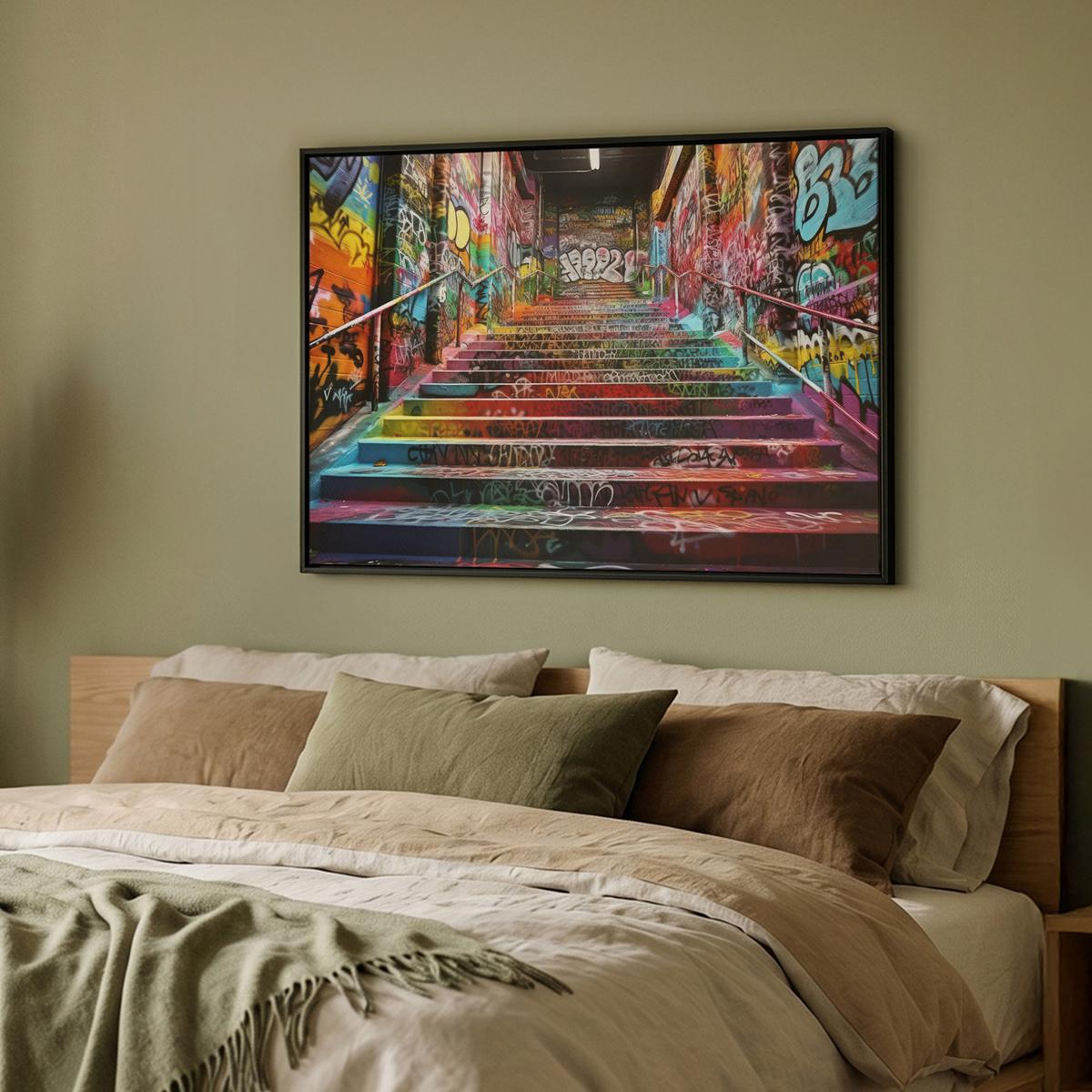 LEINWAND Bilder mit Rahmen - Treppe - Graffiti - Farben - Kunst - 100x70 - Multicolor, Textil (100/70cm) - MuchoWow