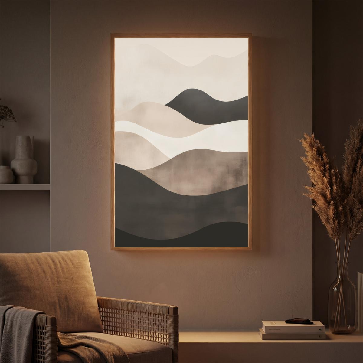 WANDLEUCHTE MIT AKKU Abstrakt - Landschaft - Wellen - Cremefarben 60x90 cm - Graubraun, Holzwerkstoff (60/90/8cm) - OnlyWow