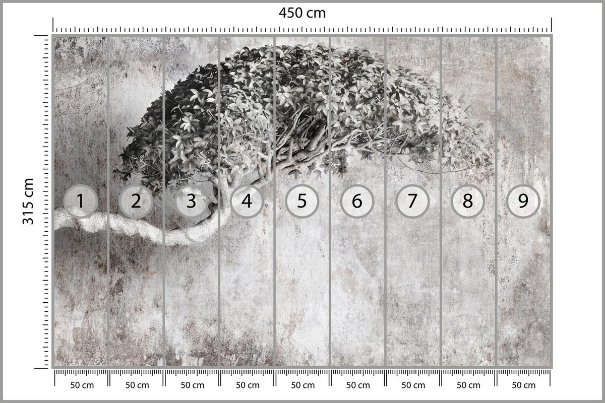 FOTOTAPETE Abstrakter Baum Beton 3D Effekt 450x315 - Schwarz/Grau, Papier (450/315cm) - Muralo