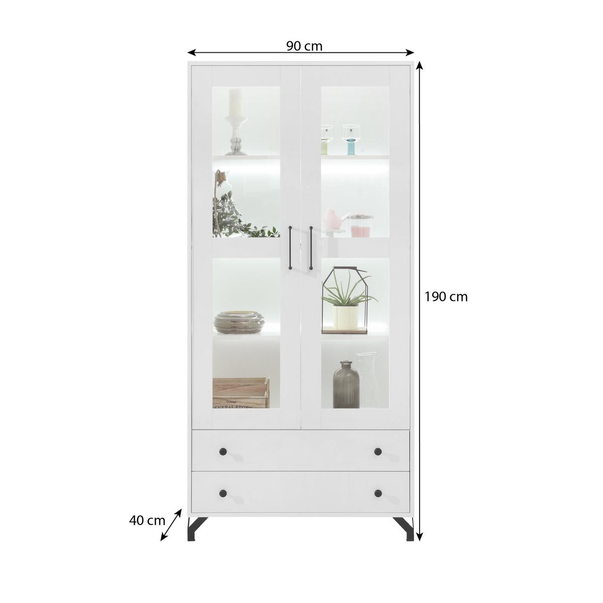 VITRINE Bero mit 2 Türen und 2 Schubladen, LED-Beleuchtung - Schwarz/Weiß, Holzwerkstoff/Metall (90/190/40cm) - Beautysofa