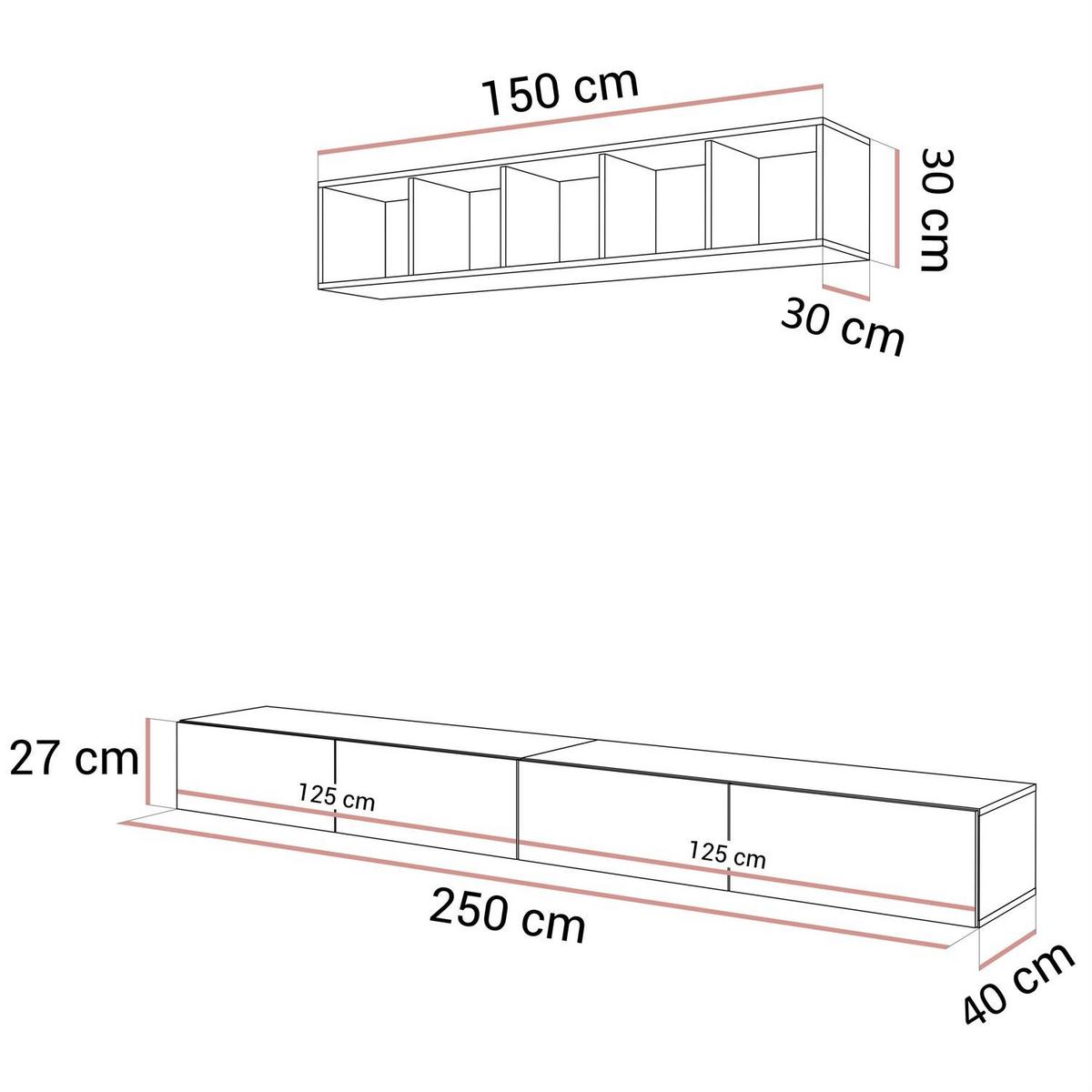 WOHNWAND CARMEN III, hängend mit offenem Regal. - Kaschmir, Holzwerkstoff (250/27/40cm) - Lookway