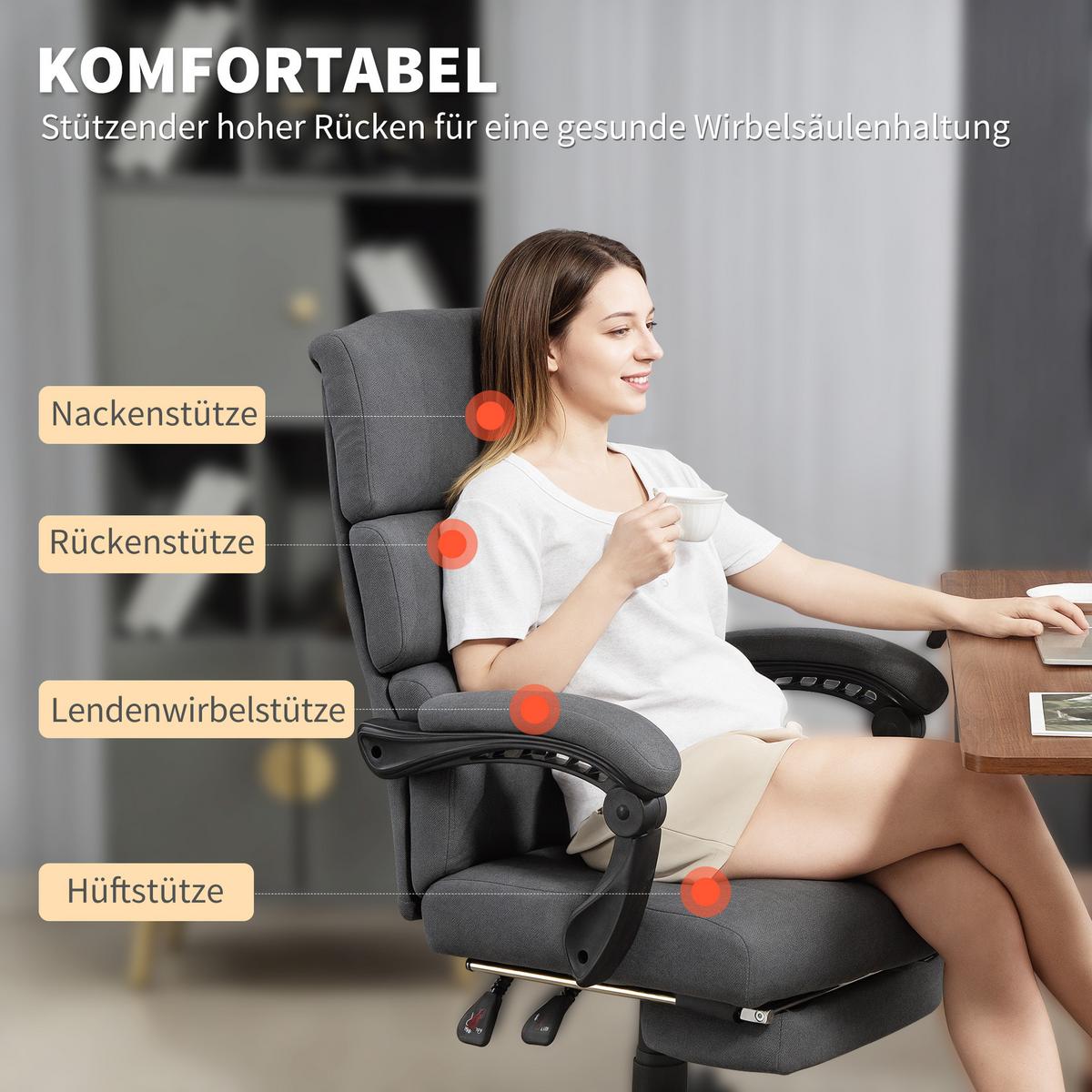 BÜROSTUHL, Ergonomischer Schreibtischstuhl mit Samt-Optik Fußstütze Dunkelgrau - Dunkelgrau, Textil (56/115/68.5cm) - HOMCOM