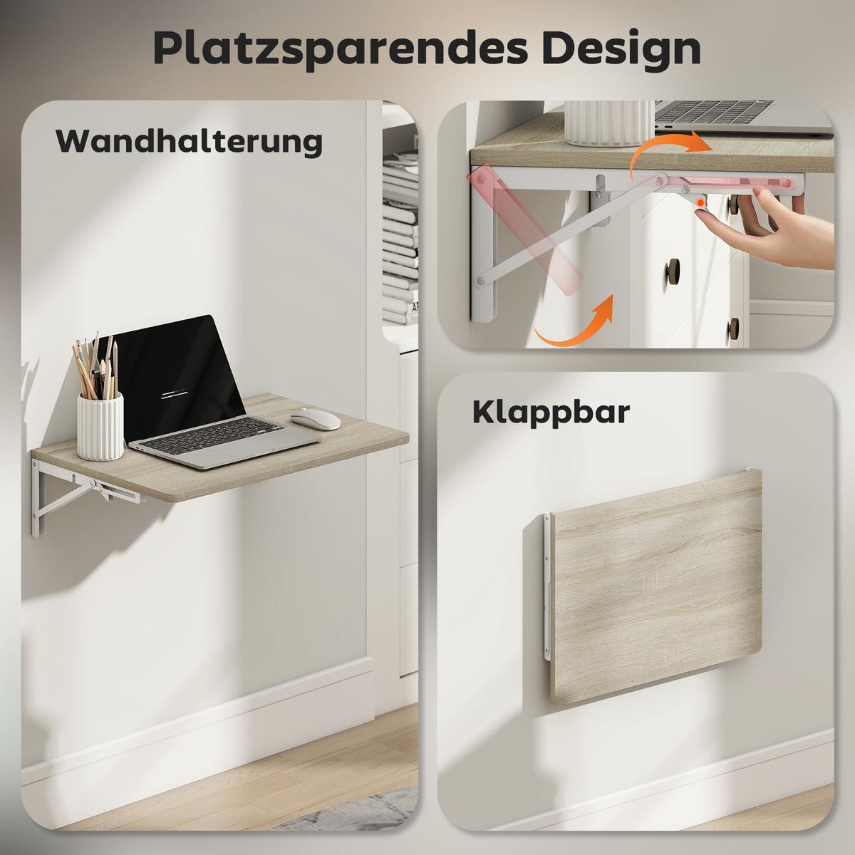 WANDKLAPPTISCH Platzsparender Schreibtisch 60x40cm Eiche - Eichefarben, Holzwerkstoff (40/16/60cm) - HOMCOM