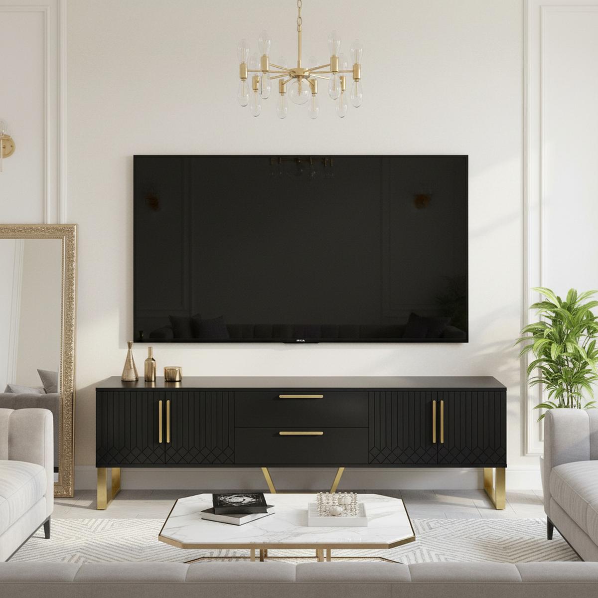 TV-SCHRANK 170 cm in Schwarz Hochglanz & Gold - Weiß, Holzwerkstoff (170/54/40cm) - Urban Meuble