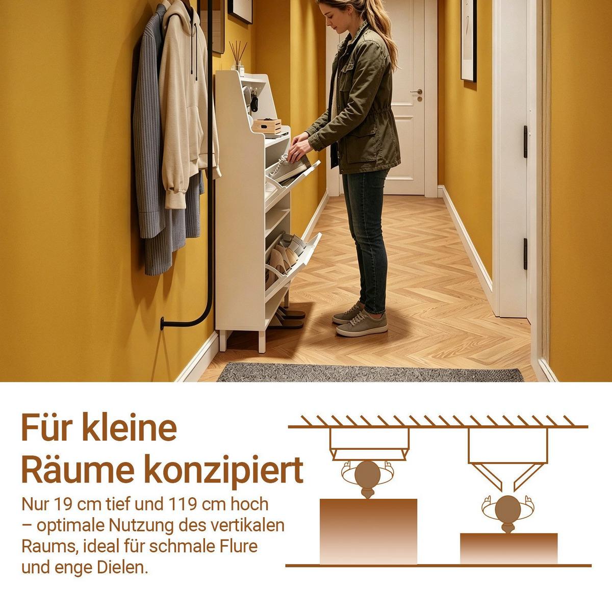 SCHUHSCHRANK schmal mit 2 Klappen und Haken Weiß 60x19x119cm - Weiß, Holzwerkstoff (19/119/60cm) - SoBuy