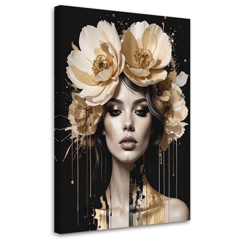 BILD auf Leinwand, Frau Glamour mit Blumen auf dem Kopf in beige und gold - Beige, Textil (70/100cm) - Feeby