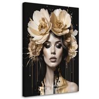 BILD auf Leinwand, Frau Glamour mit Blumen auf dem Kopf in beige und gold - Beige, Textil (70/100cm) - Feeby