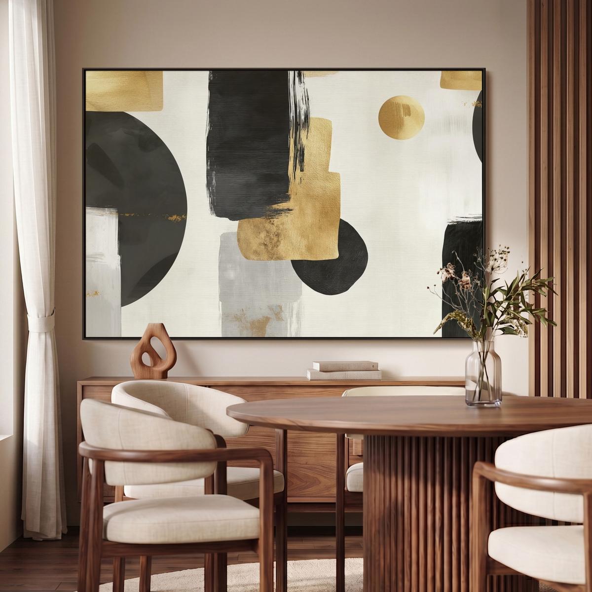 LEINWAND Bilder mit Rahmen - Gold - Rechtecke - Kreise - Abstrakt - 120x80 - Weiß, Textil (120/80cm) - MuchoWow
