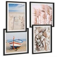 BILDER SET 4er Set - 50x50 cm & 40x60 cm Schwarzer Rahmen - Strand, Boot, Muscheln, Gras, Boho-Stil - Schwarz, Kunststoff (50/50cm) - TULUP