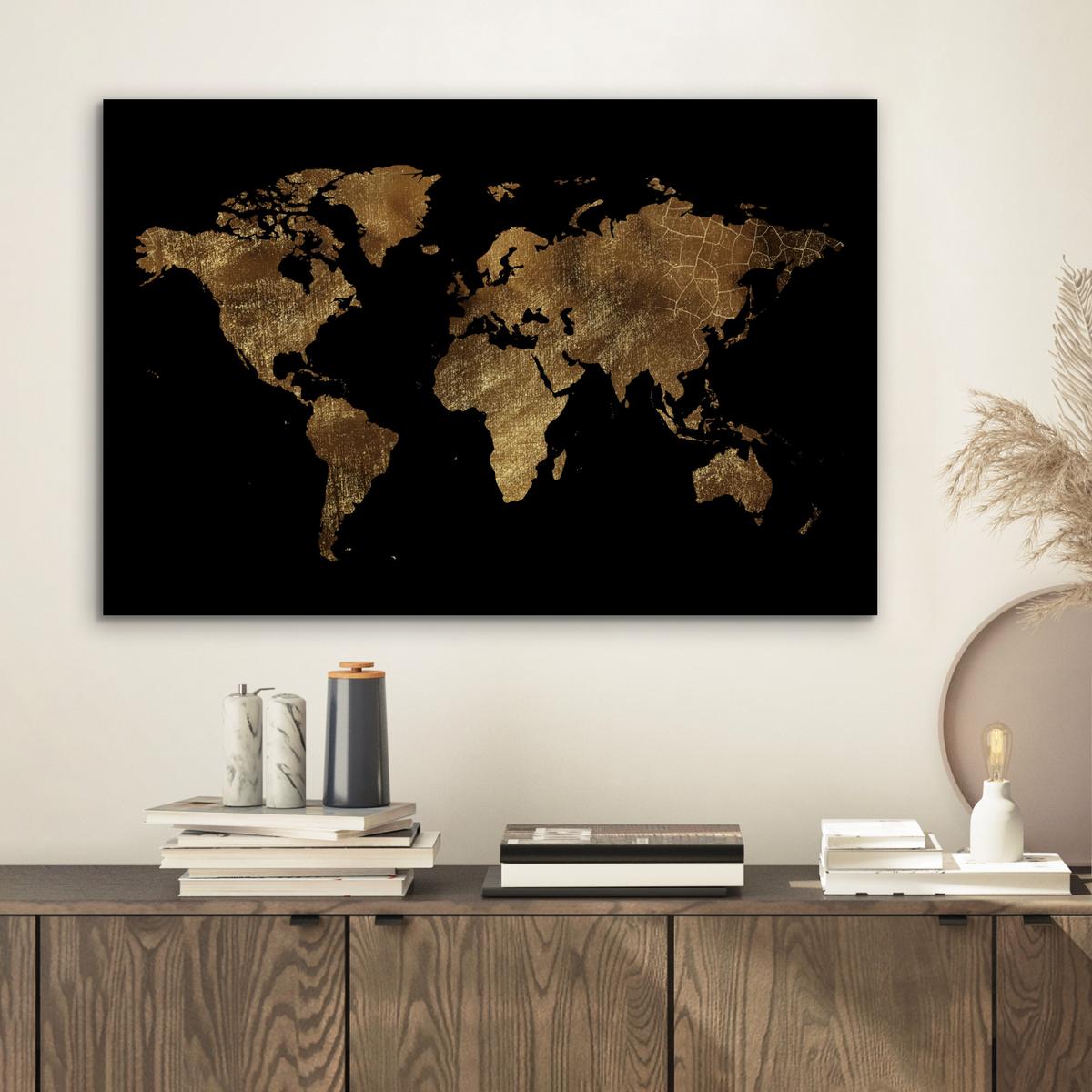 METALLBILD Weltkarte - Gold - Luxus - Erde - Schwarz Wandbild 60x40 cm - Goldfarben, Metall (60/40cm) - MuchoWow