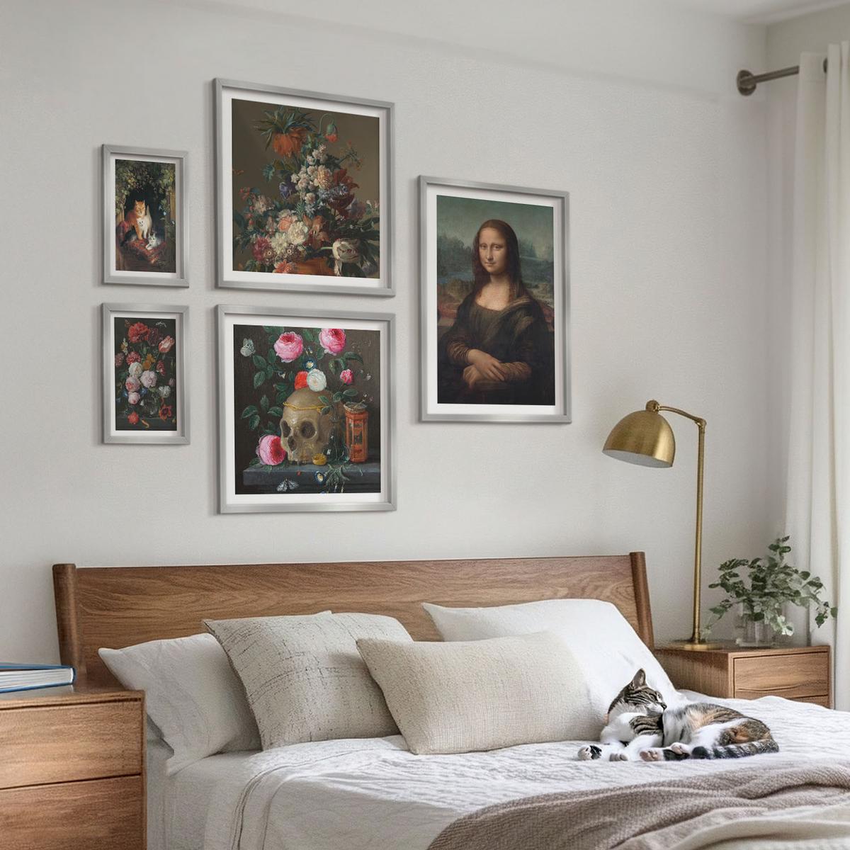 BILDER SET 5er Set - 50x50 cm & 20x30 cm & 40x60 cm Silberner Rahmen - Vintage Blumen Totenkopf Mona Lisa - Silberfarben, Kunststoff (40/60cm) - TULUP