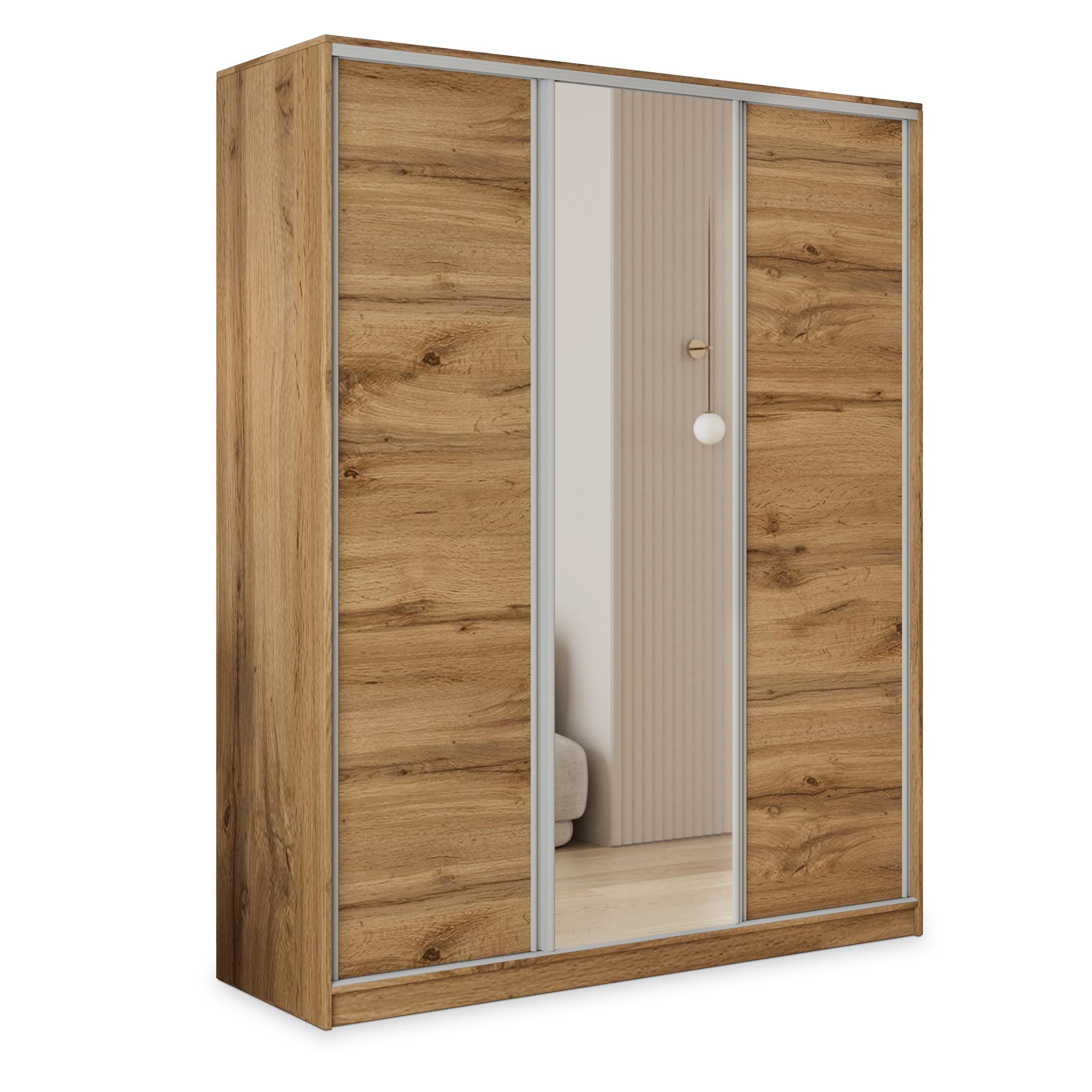 SCHWEBETÜRENSCHRANK TARI 160/205/58 cm 3-türig mit Spiegel und 4 Schubladen Eiche Wotan - Eiche Wotan, Holzwerkstoff (160/205/58cm) - MASSENO