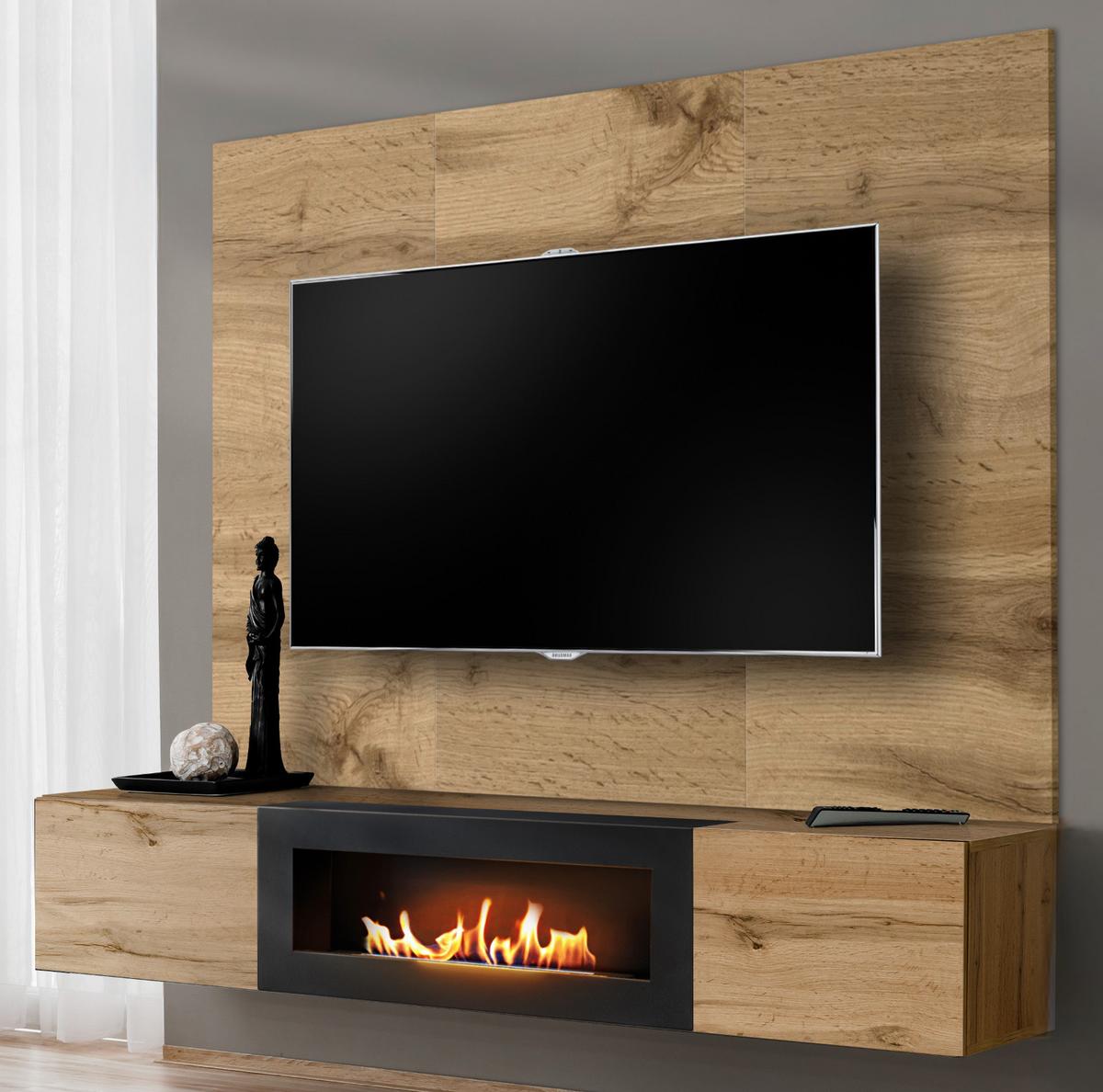 TV-LOWBOARD Eiche Wotan 180 cm hängend, Set inklusive Ethanol Kamin und Wandpaneel - Eiche Wotan, Holzwerkstoff (180/148/40cm) - Inn.Furn