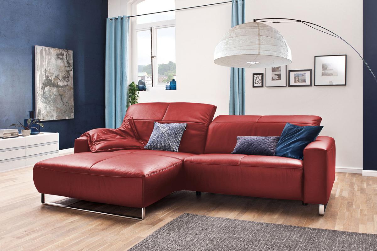ECKSOFA MIT SITZTIEFENVERSTELLUNG YORK Hochglanz Rot Leder Relaxfunktion - Silberfarben/Kirschrot, Leder (284/180cm) - KAWOLA
