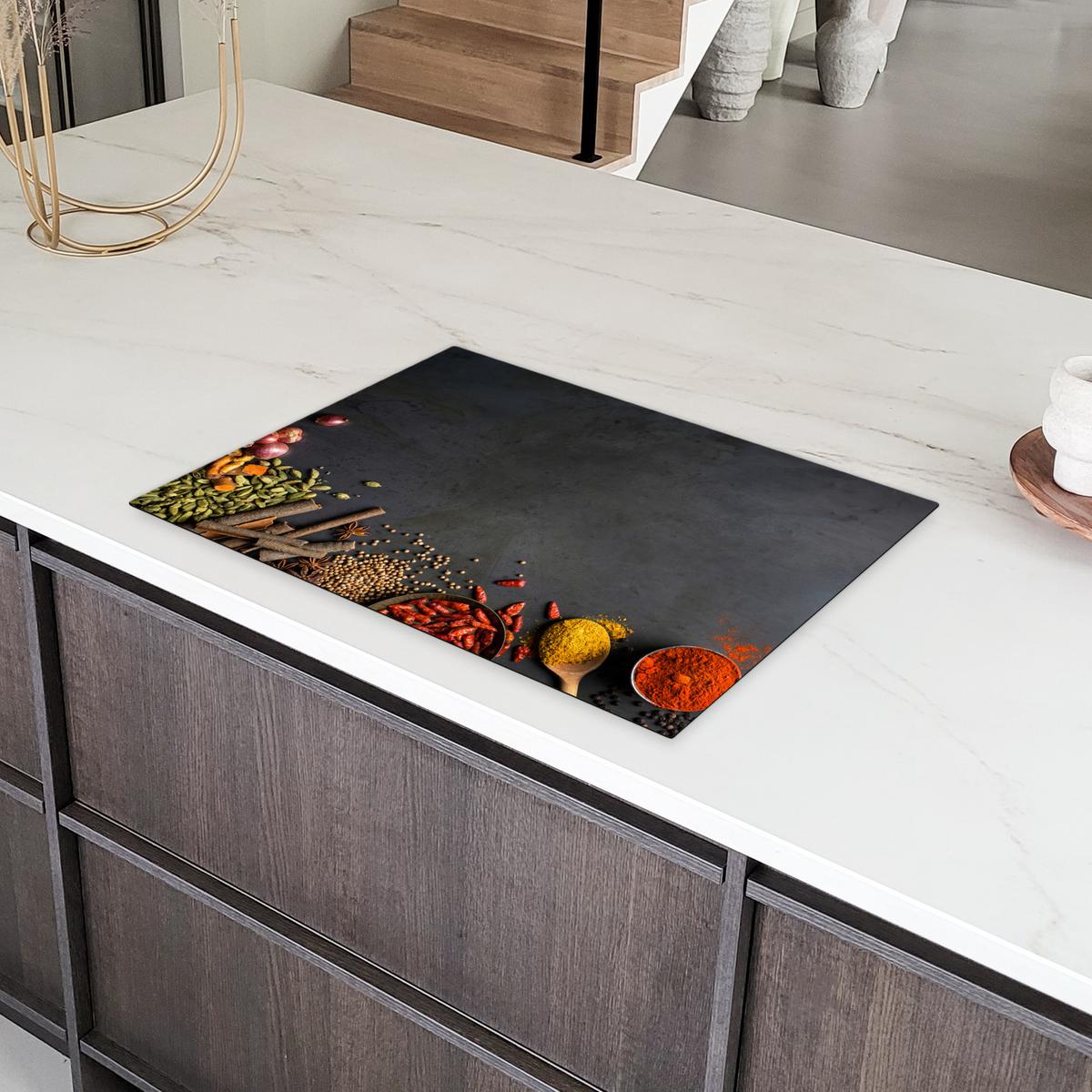 HERDABDECKPLATTE Kräuter - Lebensmittel - Gewürze - Schwarz - Paprika - Zimt Herdabdeckung Induktionsfeld 75x52 cm - Currygelb, Kunststoff (75/52/0.2cm) - MuchoWow