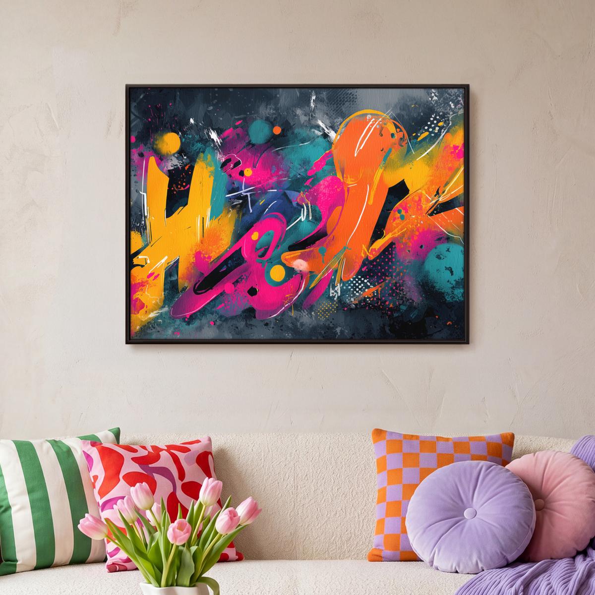 LEINWAND Bilder mit Rahmen - Abstrakt - Graffiti - Farbenfroh - Farbspritzer - 70x50 - Multicolor, Textil (70/50cm) - MuchoWow