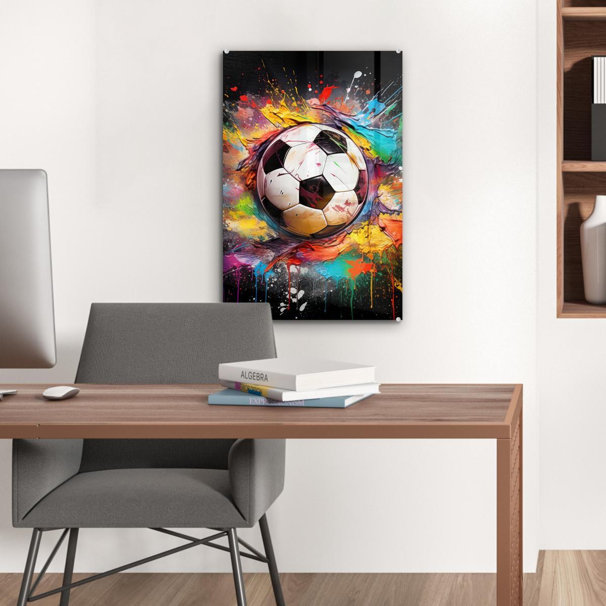 ACRYLGLASBILD Fußball - Farbe - Farben - Schwarz - Weiß Wanddeko Wohnzimmer 40x60 cm - Weiß, Glas (40/60cm) - MuchoWow
