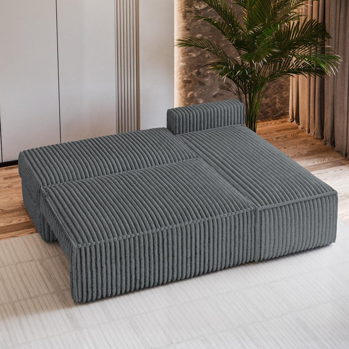 ECKSOFA BRISO T Grau Kordstoff mit Schlaffunktion - Dunkelgrau/Grau, Holz/Kunststoff (200/140cm) - MASSENO