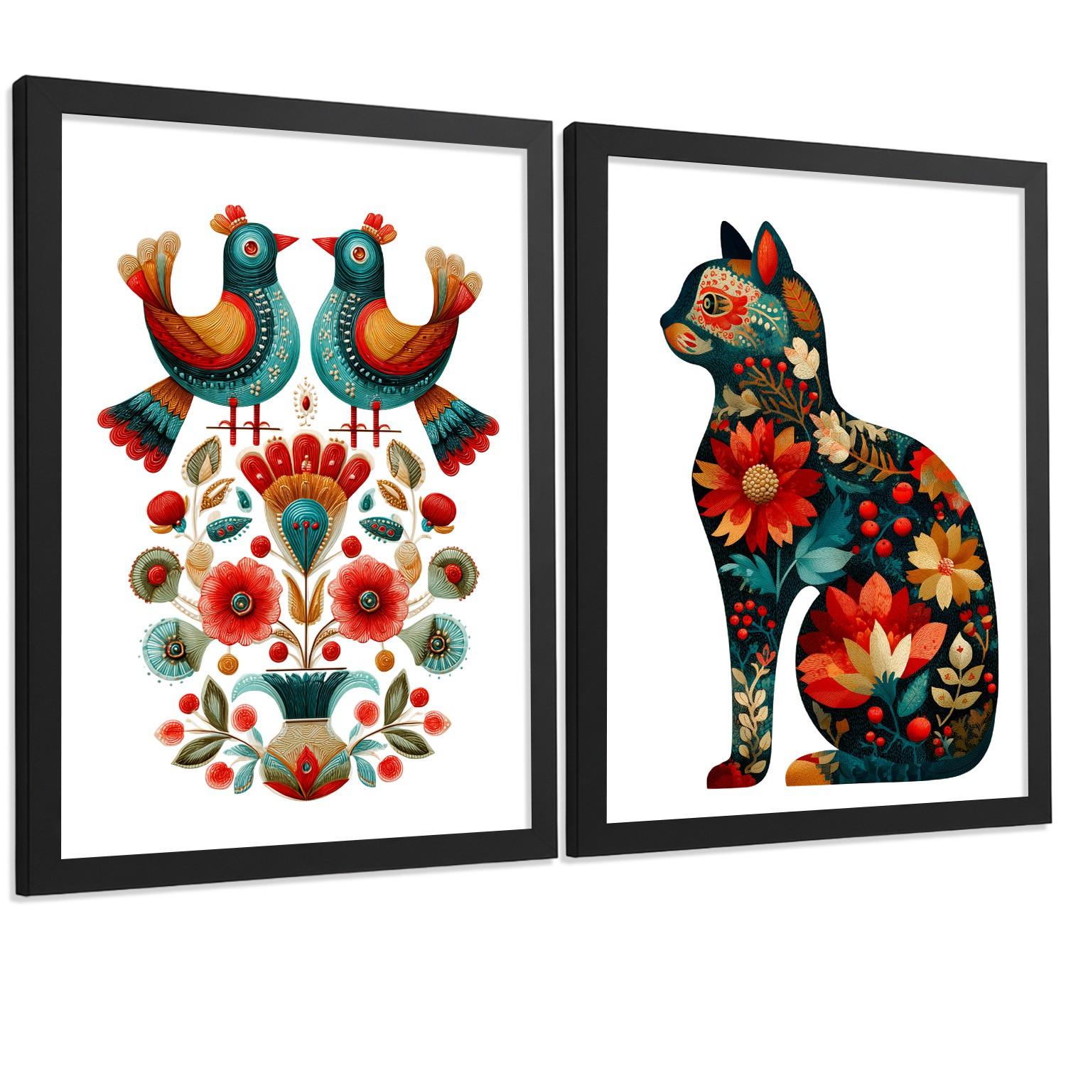 POSTER 2er-Set dekorative Badezimmer-Kunstdrucke, im Stil der Volkskunst für Wand, Toilette mit Vögeln und elegantem Blumen-Katzen Schwarzer Rahmen A4 - Schwarz, Papier (29.7/21/3cm) - Nacnic