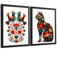 POSTER 2er-Set dekorative Badezimmer-Kunstdrucke, im Stil der Volkskunst für Wand, Toilette mit Vögeln und elegantem Blumen-Katzen Schwarzer Rahmen A4 - Schwarz, Papier (29.7/21/3cm) - Nacnic