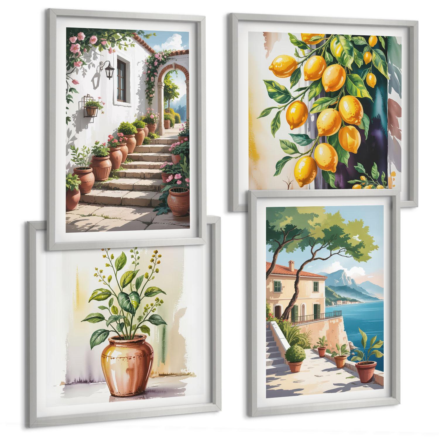 BILDER SET 4er Set - 50x50 cm & 40x60 cm Silberner Rahmen - Zitronenblüten am Meer - Silberfarben, Kunststoff (50/50cm) - TULUP