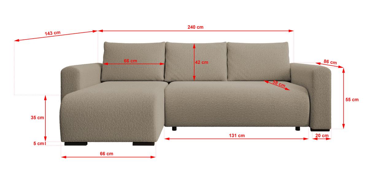 ECKSOFA DORA L, Eckcouch in L-Form mit Schlaffunktion und Bettkasten, Farbe: Hellbraun, Bouclé-Stoff, Ottomane Links - Hellbraun, Textil (240/143cm) - Storez24