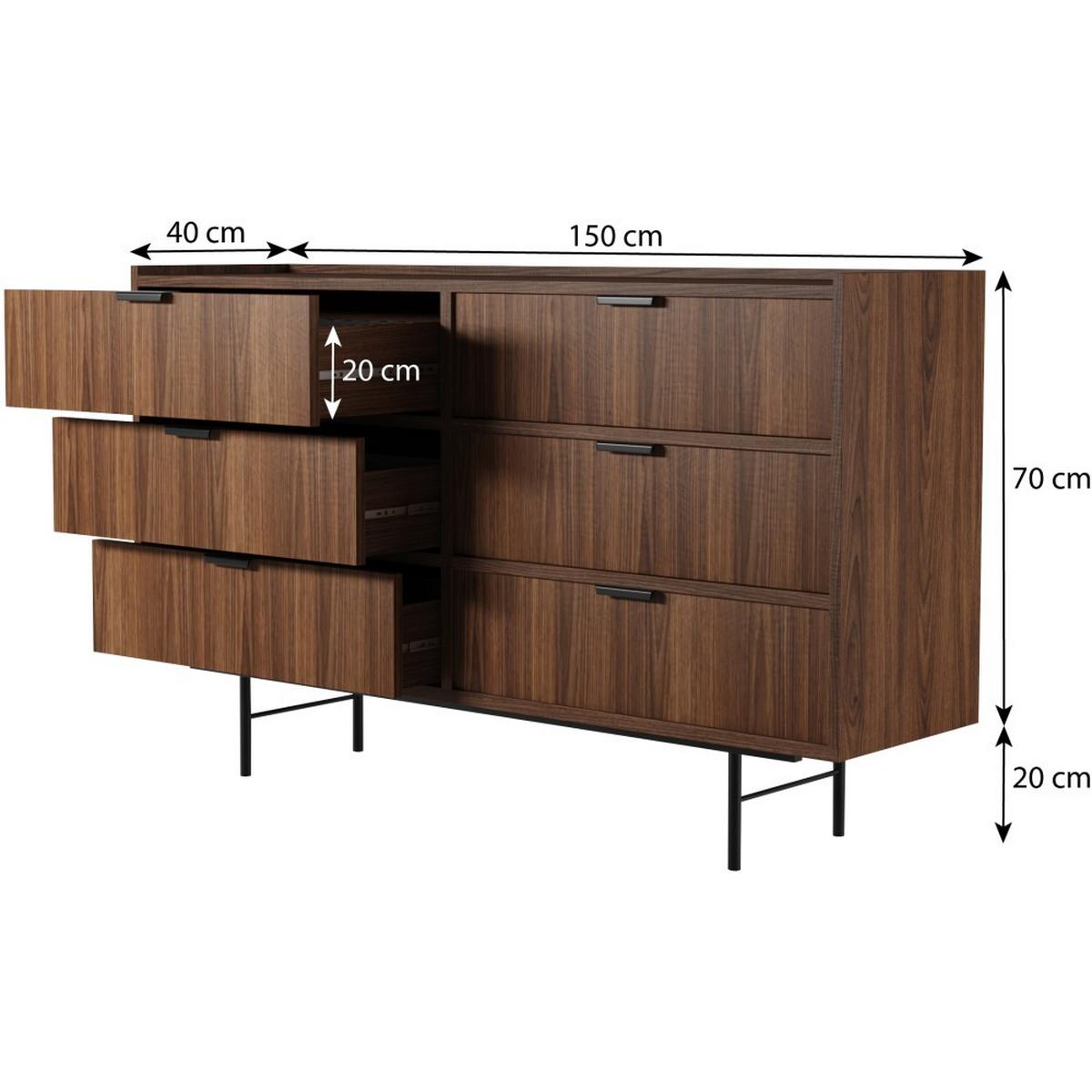 KOMMODE Evron mit 6 Schubladen, Walnuss - Dunkelbraun/Schwarz, Holzwerkstoff/Metall (150/90/40cm) - Beautysofa