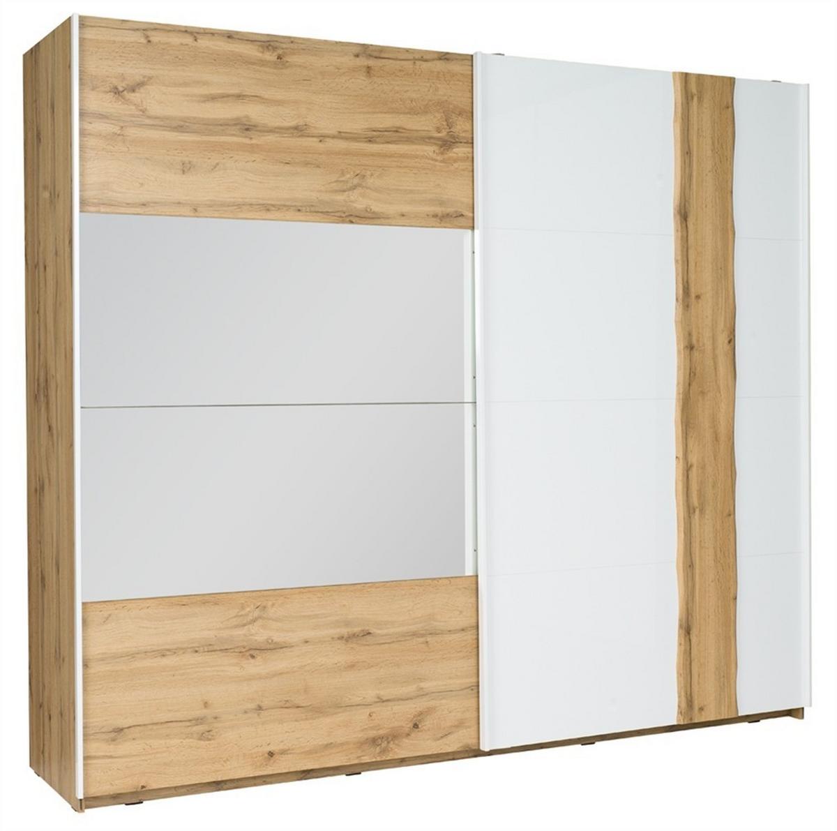 SCHWEBETÜRENSCHRANK OSVIN 250/218,1/66cm 2-türig mit Spiegel Eiche Wotan - Eiche Wotan/Weiß, Holzwerkstoff (250/218.1/66cm) - MASSENO