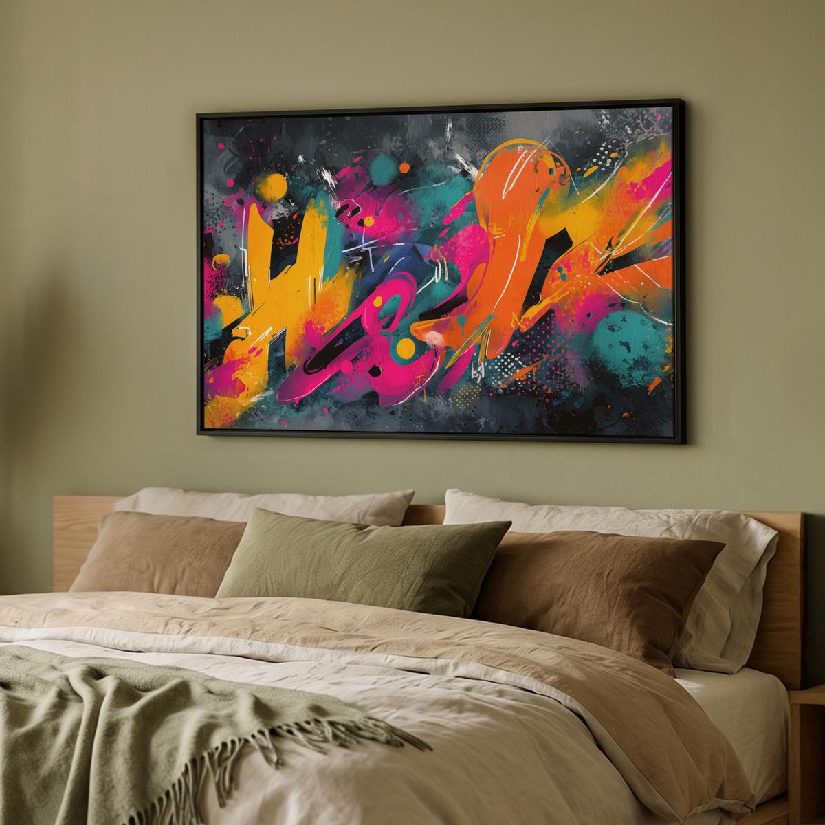 LEINWAND Bilder mit Rahmen - Abstrakt - Graffiti - Farbenfroh - Farbspritzer - 90x60 - Multicolor, Textil (90/60cm) - MuchoWow