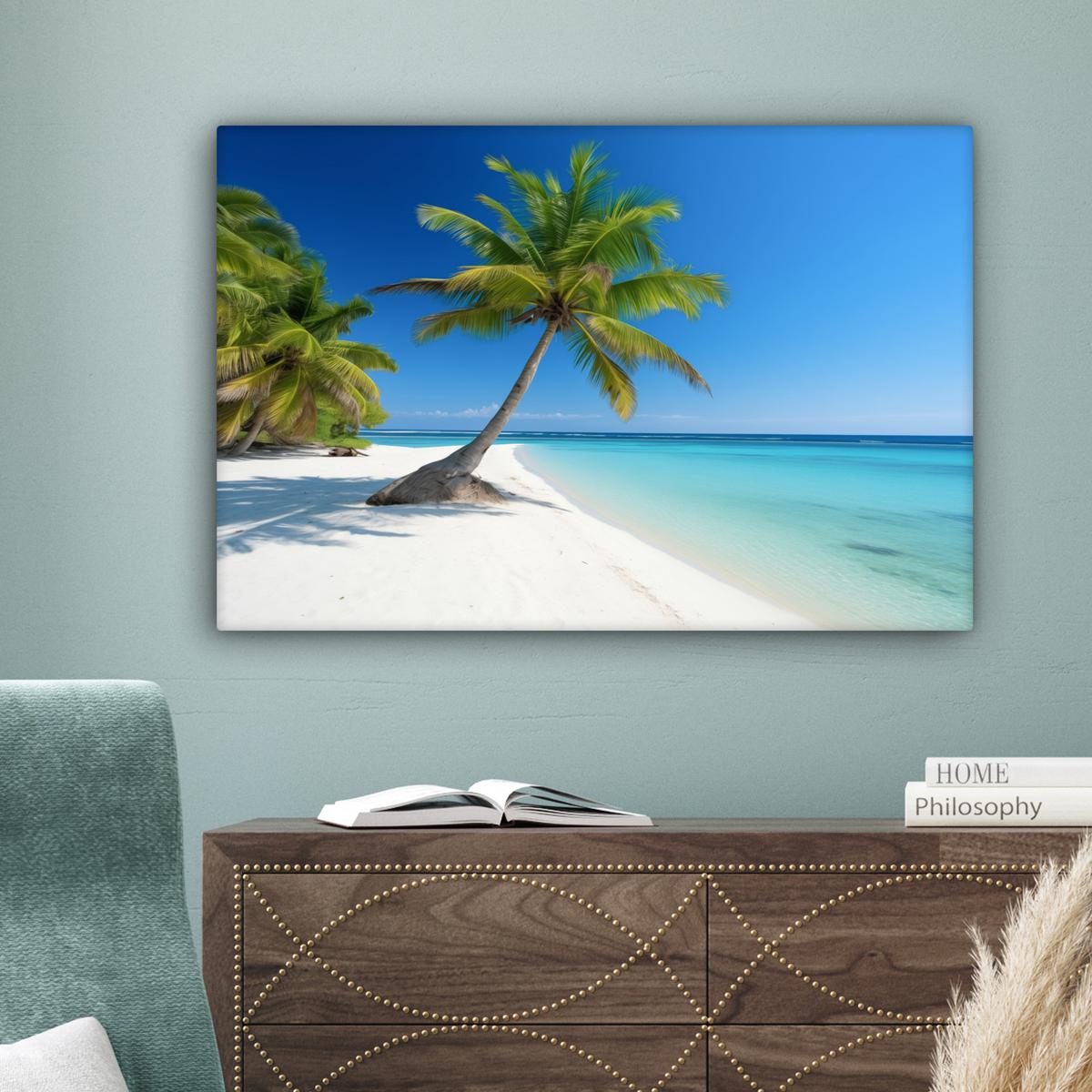 LEINWANDBILD Strand - Palme - Tropisch - Meer Wanddeko 90x60 cm - Grün, Textil (90/60cm) - MuchoWow
