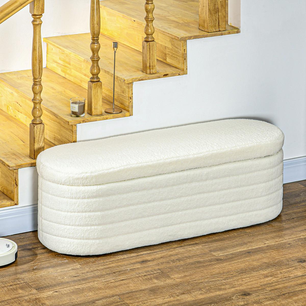 TRUHENBANK Teddy-Vlies-Optik, Bettbank mit Holzbeine - Weiß, Kunststoff (41/40.5/116cm) - HOMCOM