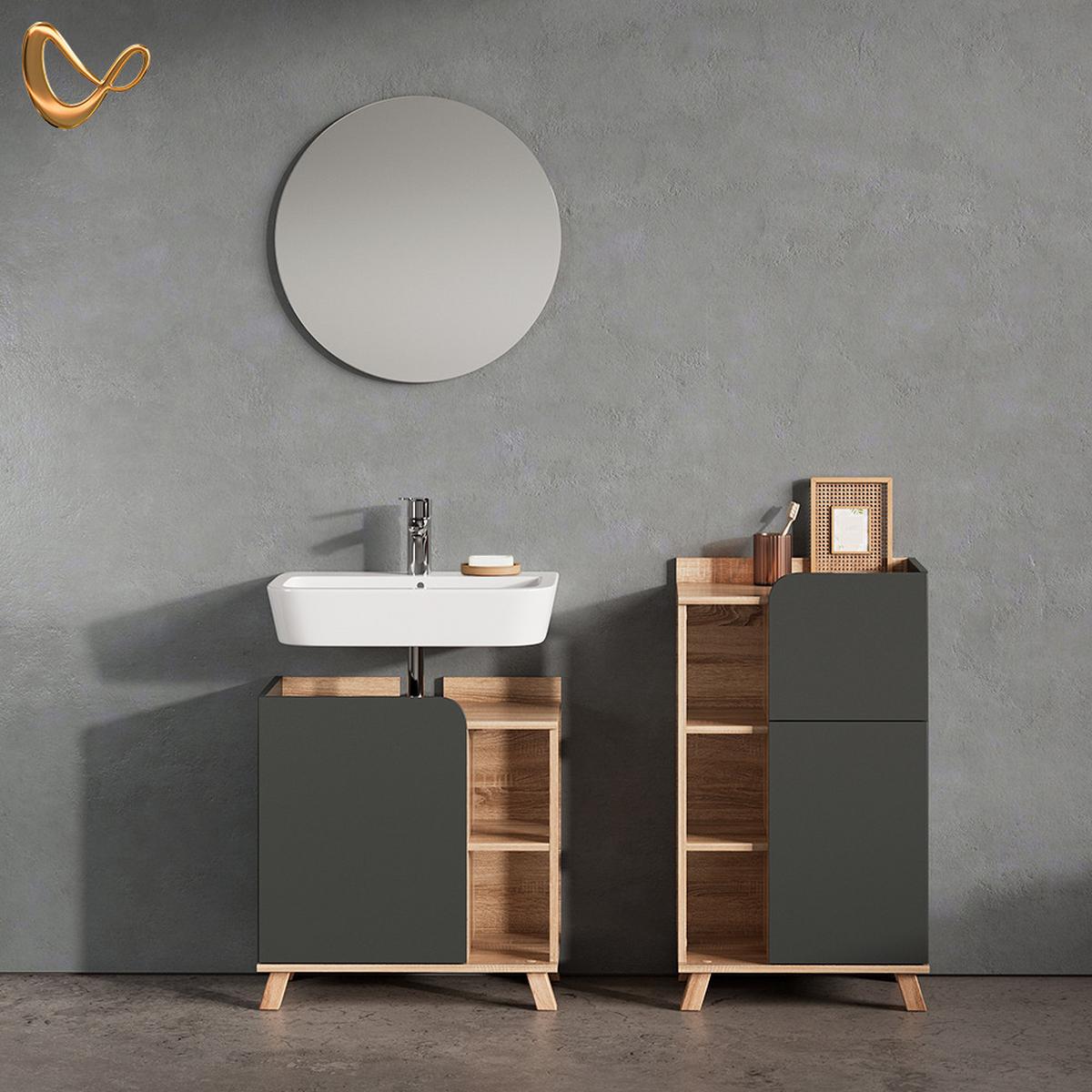 BADMÖBEL-SET Marano Anthrazit 3 Teile, mit Midischrank - Anthrazit, Holzwerkstoff (35/65/60cm) - Livinity®