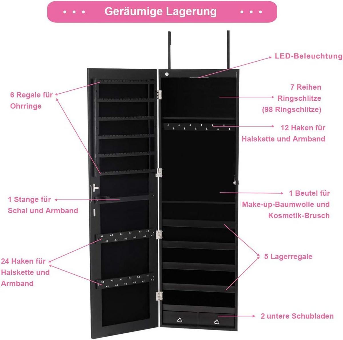 SCHMUCKSCHRANK mit LED Beleuchtung Schwarz - Schwarz, Holz (36/120/10cm) - COSTWAY