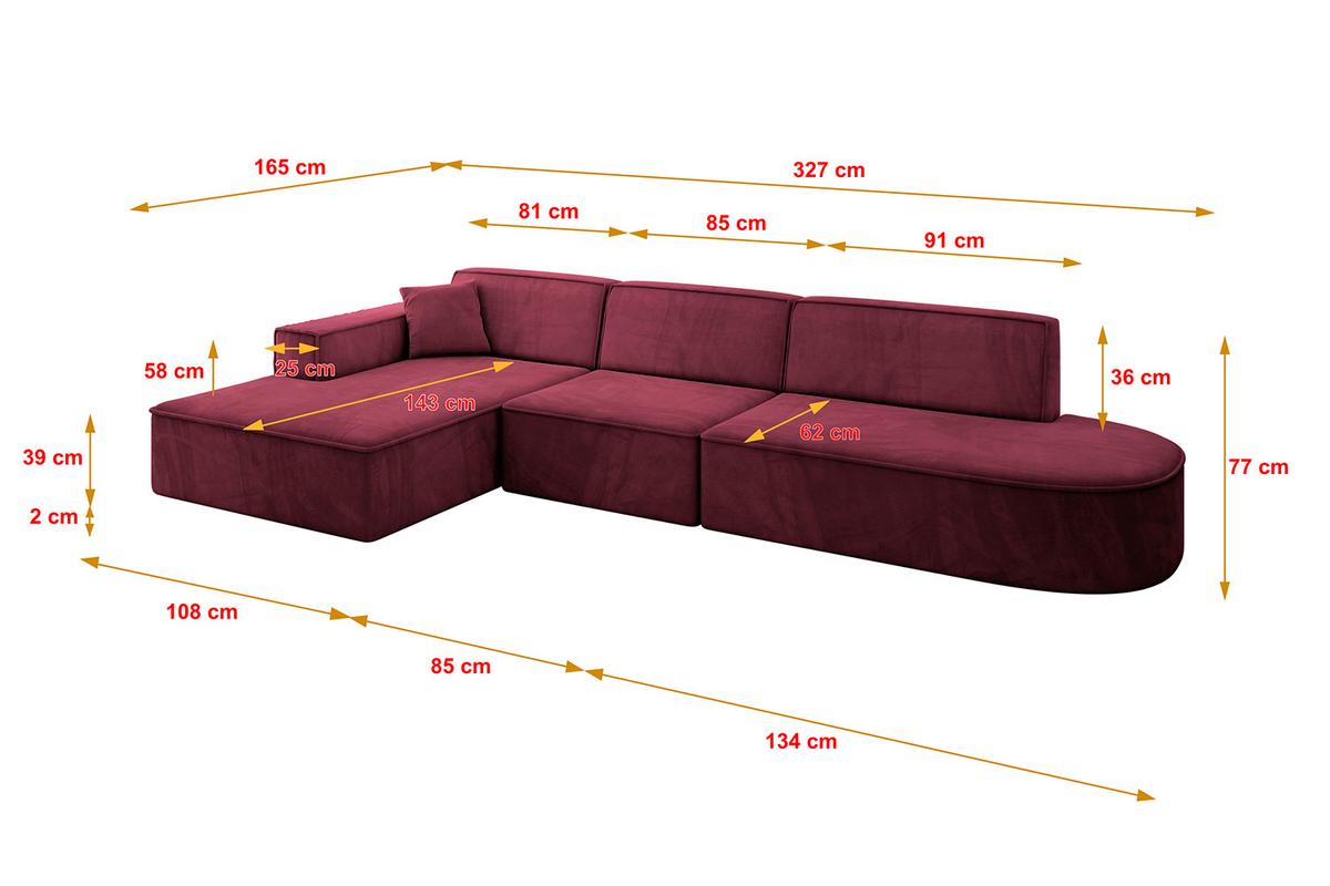 ECKSOFA Ottomane Links IREA-L2-v4 - 327x165x77 cm Bordeauxrot - Bordeaux, Holzwerkstoff/Textil (327/165cm) - ALTDECOR
