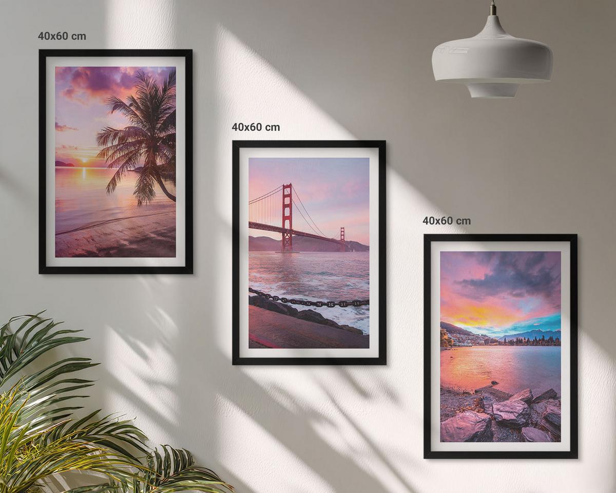 BILDER SET 3er Set - 40x60 cm Schwarzer Rahmen - Sonnenuntergangsbrücke Landschaft - Schwarz, Kunststoff (40/60cm) - TULUP