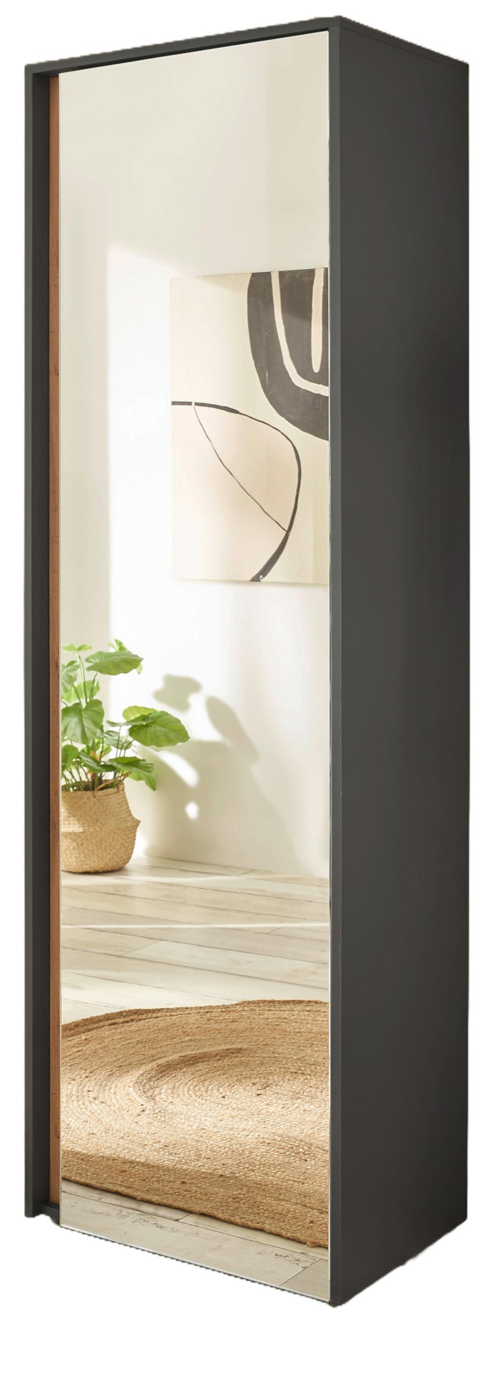 GARDEROBENSCHRANK grau matt, Eiche Wotan 60 cm, Flurschrank mit Spiegel - Eiche Wotan/Silberfarben, Glas/Holzwerkstoff (60/200/40cm) - Furn.Design