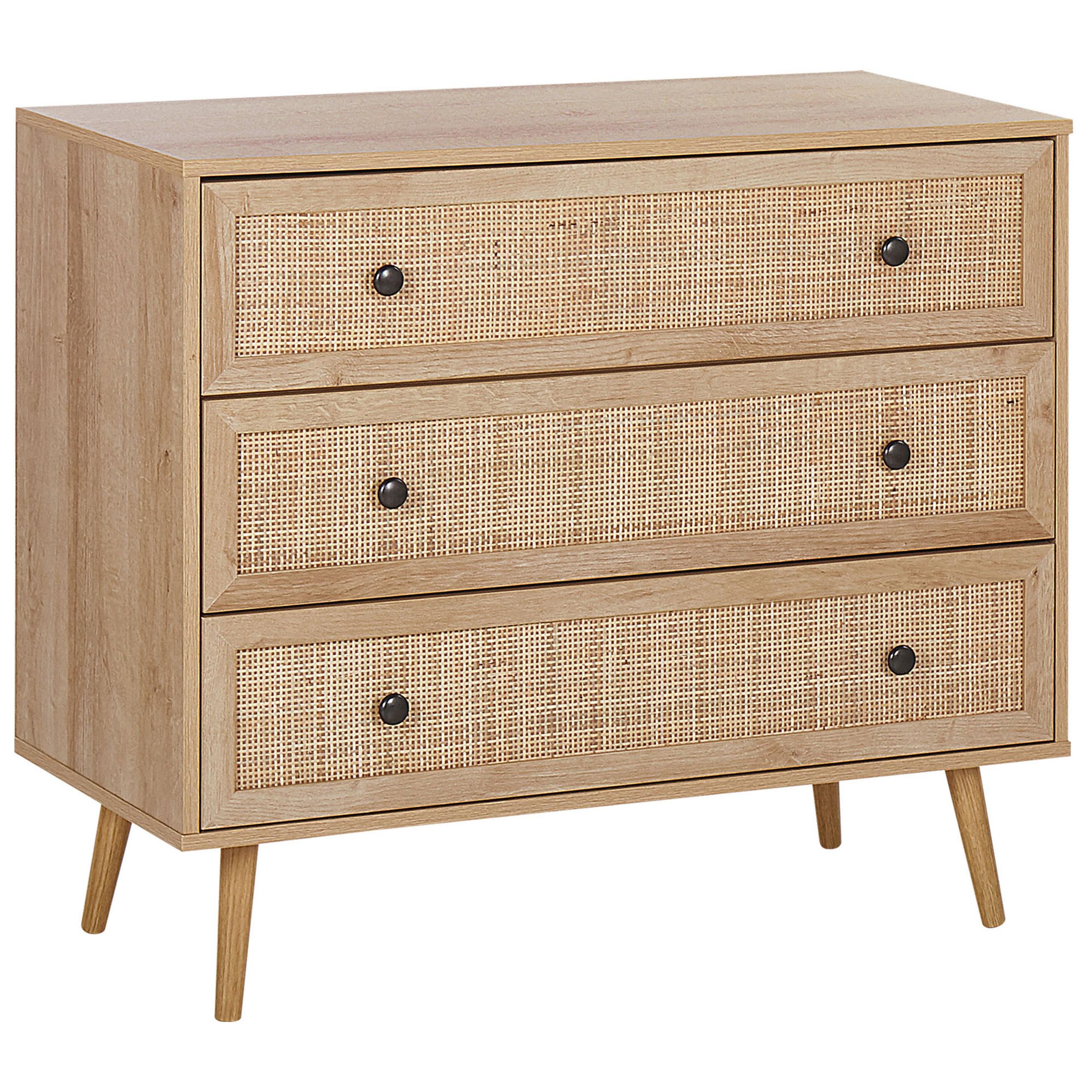 KOMMODE 3 Schubladen Rattan heller Holzfarbton Ponca - Hellbraun/Schwarz, Holzwerkstoff (90/79/40cm) - Beliani