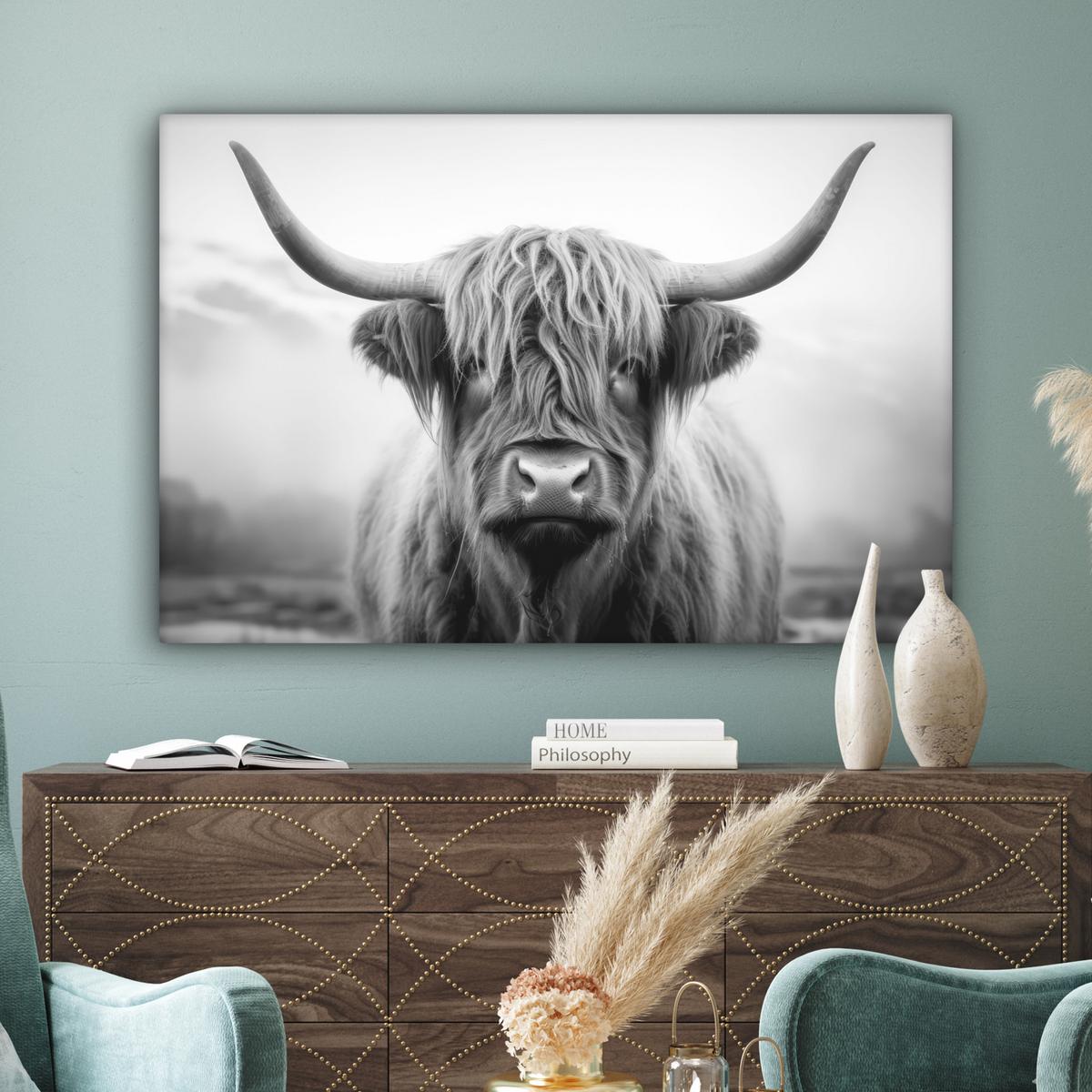 LEINWANDBILD Schottischer Highlander - Nebel - Schwarz - Weiß Wohnzimmer Groß 120x80 cm - Grau, Textil (120/80cm) - MuchoWow