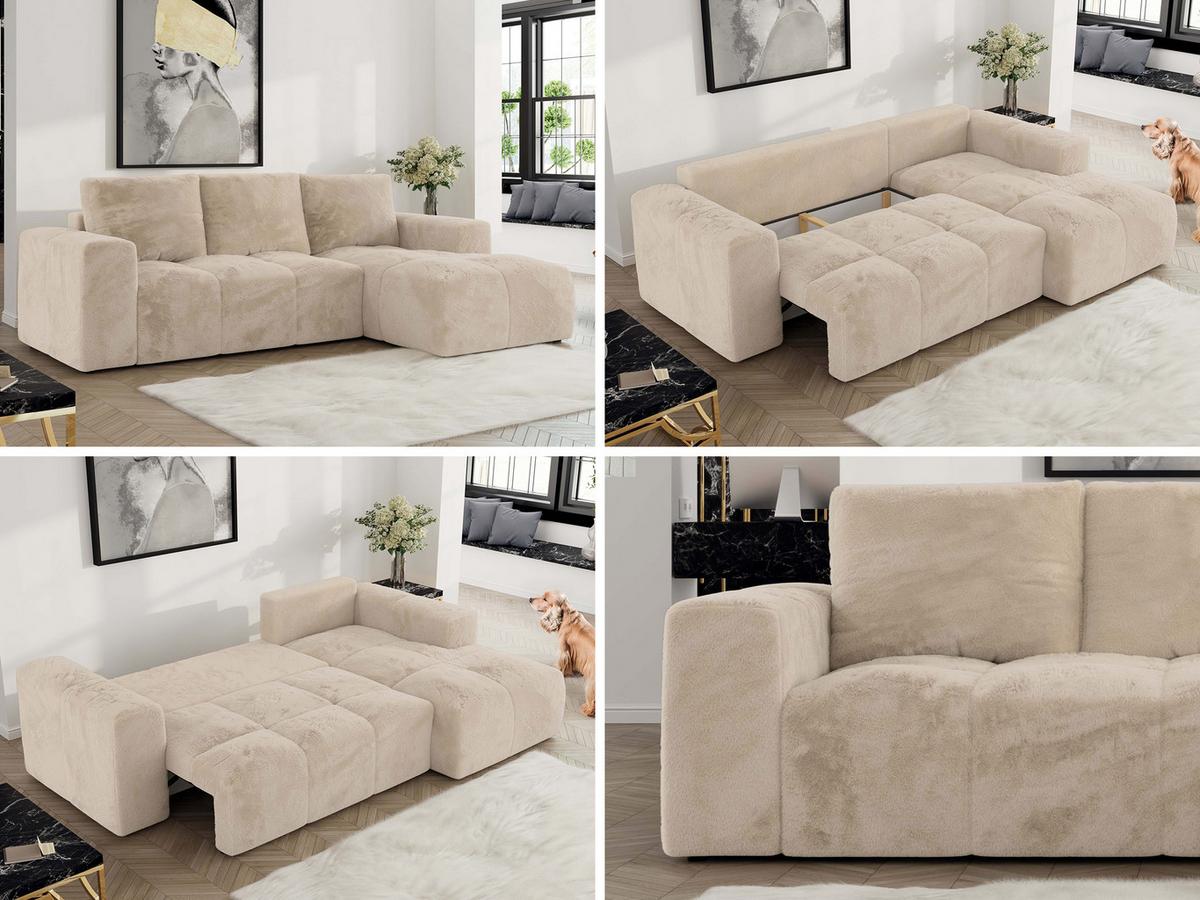 ECKSOFA MONIVA Creme Plüsch - Rechts - Creme/Schwarz, Textil (266/164cm) - MKS