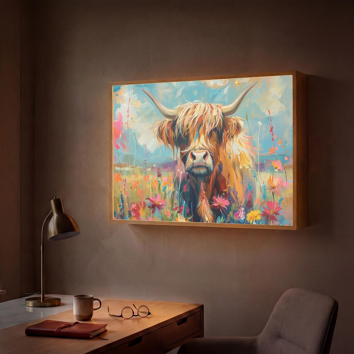 WANDLEUCHTE MIT AKKU Schottische Hochländer - Natur - Farbenfroh - Blumen 90x60 cm - Multicolor, Holzwerkstoff (90/60/8cm) - OnlyWow