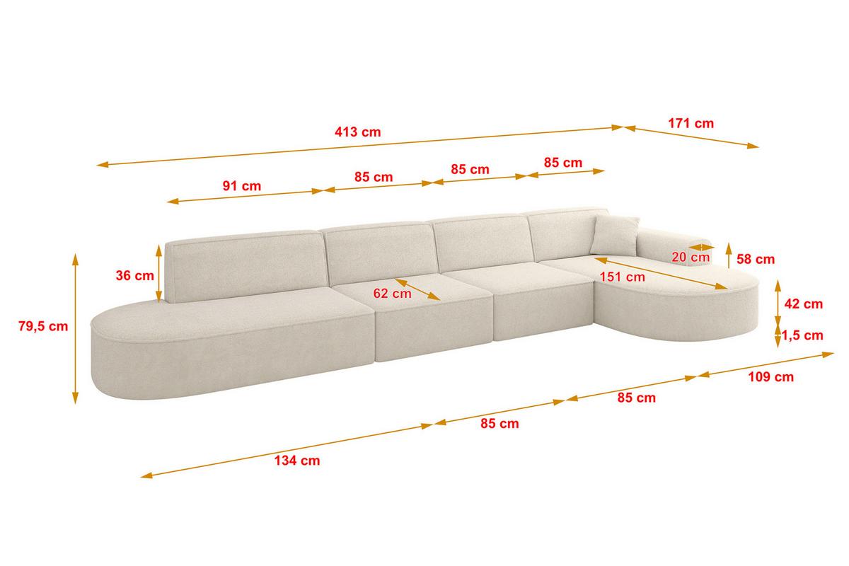 ECKSOFA Ottomane Rechts MARI-L3 - 413x171x79 cm Creme Tissu - Creme/Schwarz, Holzwerkstoff/Kunststoff (171/413cm) - ALTDECOR