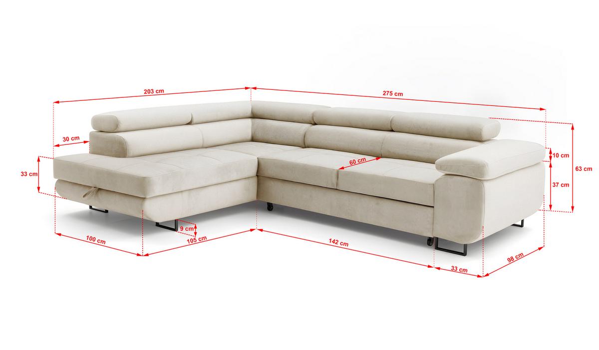 ECKSOFA Velmo mit Bettkasten und Schlaffunktion, verstellbaren Kopfstützen, in L-Form - Beige, Textil (275/203cm)