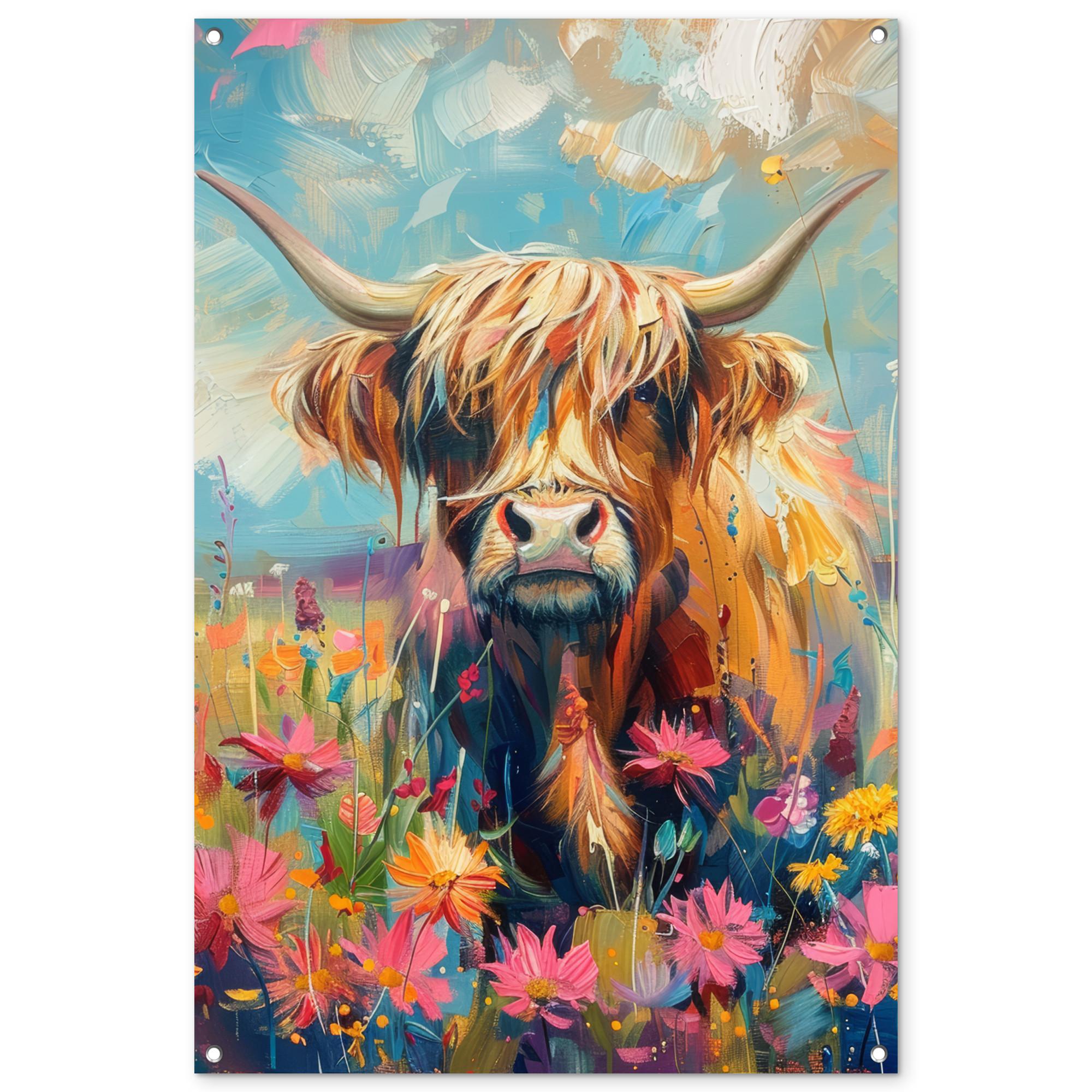 GARTENPOSTER Schottische Hochländer - Natur - Farbenfroh - Blumen Outdoor Bilder 80x120 cm - Hellblau, Kunststoff (80/120/0.2cm) - OnlyWow