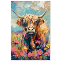 GARTENPOSTER Schottische Hochländer - Natur - Farbenfroh - Blumen Outdoor Bilder 80x120 cm - Hellblau, Kunststoff (80/120/0.2cm) - OnlyWow
