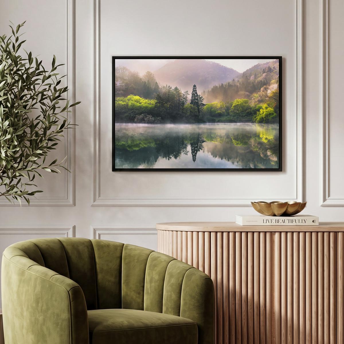 LEINWAND Bilder mit Rahmen - Natur - Bäume - Berge - See - Wasser - 60x40 - Hellgrün, Textil (60/40cm) - MuchoWow